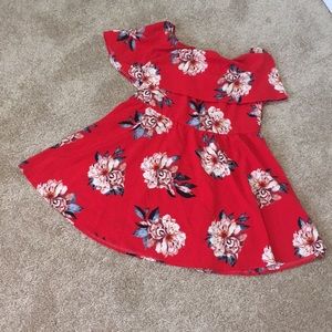 Orange/red flower print off the shoulder sundress